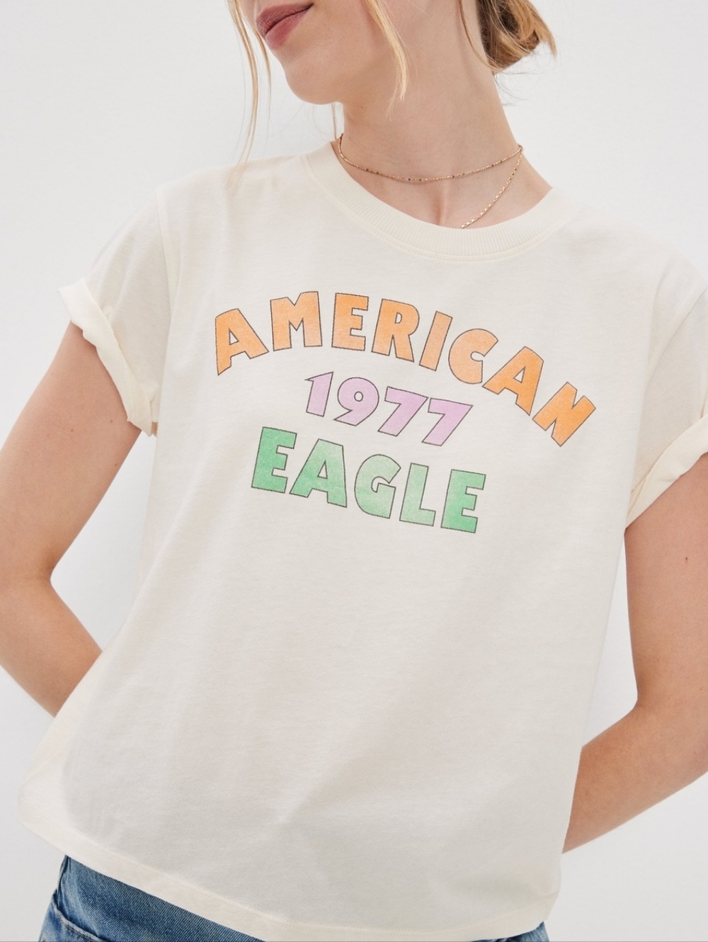 American Eagle Graphic Tee Cream XS 1977 Eagle Vintage Style